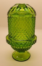 Vintage mcm Viking glass avocado green diamond point fairy lamp candle holder picture