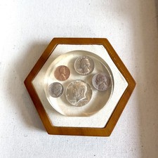 Vintage Lucite Paperweight Embedded US Coins Half Dollar Quarter Penny picture