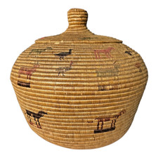 Antique Native American Coiled Lidded Grass Basket with Animal Figures picture