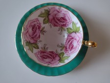 Aynsley Cabbage Rose Green Oban Tea Cup Saucer 4 Roses Vintage England Rare picture