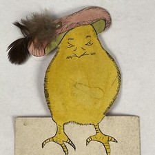 Yellow Bird with Hat w Real Feather (Paper) Vintage Comic Greetings card standup picture
