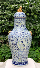 LARGE 3FT ASIAN CHINESE VASE BLUE WHITE ENAMEL BIRDS BUTTERFLIES FLOWERS FOO DOG picture