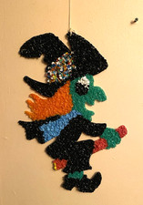 Vintage Melted Popcorn Plastic Halloween Decoration Witch on Broom 20” X 12” picture