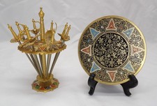 VTG Toledo Brass Cocktail Sword Set & Damascene Small Decorated Plate - Preowned picture