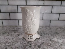Vintage White Vase, Grape & Vine Pattern, Gold-Tone Band, 3D Pattern - 5