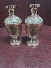 Pair Of Vintage Indian Brass Vase with Etching and Painted Peacock Designs picture
