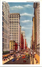 Postcard Chicago Illinois IL State Street old autos trolleys retail district picture