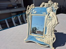 VTG Heavy Cast Metal 3D Art Nouveau Fairy Lady By Lake Floral Standing Mirror picture