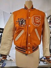 Vintage DeLong LEATHER WOOL Varsity Bomber Jacket COUGARS, YOUTH L, W/BAND PINS picture