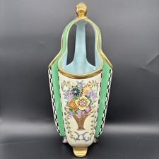 Vtg Art Deco Noritake Vase Gold Gilded Green Footed Basket Flower Design picture
