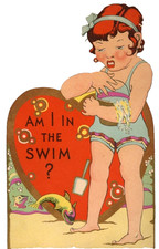 LARGE Vintage Valentine Card Weird Tired Sad Girl Beach Am I In The Swim c1930s picture