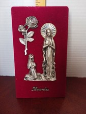 SILVER OUR LADY OF LOURDES ST BERNADETTE ROSES PLAQUE VELVET ITALY 9.75