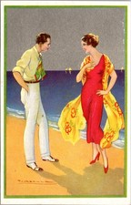 Art Deco Beach Fashion Couple Italian Postcard T Corbella c1930s picture