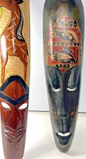 Face Masks Wood Carving African Wood Tribal vintage design. Set Of 2 19 & 22inch picture