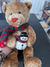 Vintage Gund Christmas Teddy Holding Snowman – Red Heart Nose, Matching Scarves picture