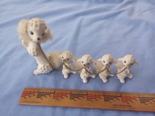 Vintage Ceramic White Poodle Family mom 4 pups Figurines w/ Fur on chain picture