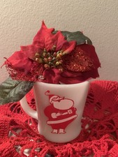 1/ Vtg Anchor Hocking Fire King JOLLY SANTA DECAL Milk Glass Coffee Mug Cup picture