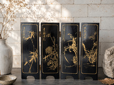 VTG Oriental Asian 4 Panel Black Lacquer Screen Mother of Pearl Geisha Girls picture