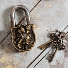 Rare Brass Lord Hanuman Embossed Door Lock Padlock Keys Antique Look picture