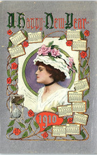 Vintage Postcard Happy New Year Lady Roses Calendar Embossed Greeting picture