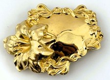 Vtg Womens Belt Buckle Art Nouveau  Gold Tone Ornate Floral Scroll picture