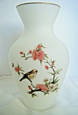 Hand Decorated White Satin Glass Vase Birds Flowers Gold Trim 10.5