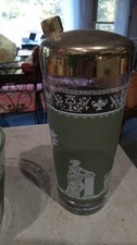 Vtg Jeannette Glass Hellenic Green Cocktail Shaker Gold Lid Grecian MCM Barware  picture