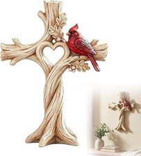 Cardinal Heart Tree Cross Hand-Carved Solid Wood Garden Decor picture