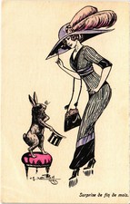 PC ARTIST SIGNED, GLAMOUR LADY WITH A RABBIT, Vintage Postcard (b51230) picture