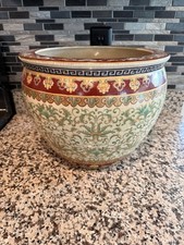 Vintage Hand Painted Koi-Fish Asian Chinoiserie Fishbowl Jardinière Planter picture