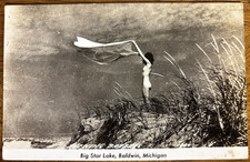 RPPC Vtg Postcard Sexy Lady Windy Sand Dune Greetings from Baldwin, Mich. picture