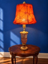 VTG 60s Ruby Red Cranberry Cut  Clear Glass Table Lamp Fabric Shade MCM picture