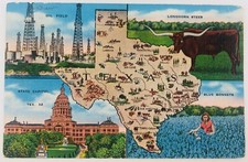 Vtg Texas TX Texas Map With State Capitol Longhorns Oil Field Linen 1940 picture
