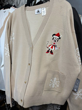 Disney Minnie Mouse Beige Cardigan Sweater Snowflake Knit Button Front picture