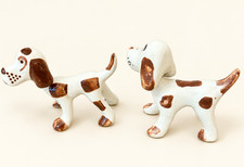 Vintage 1950's Ceramic Dog Figurine Bobble Head Nodder White & Brown Spots MCM picture
