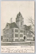 c1905 City Hall Clock Tower Janesville WI Wisconsin Antique Postcard picture