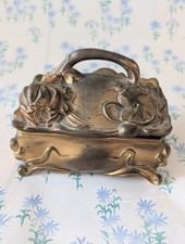 Antique Benedict Art Nouveau Gold Gilt Metal Jewelry Casket Water Lily Iris 466 picture