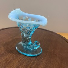 Vtg Fenton Blue Opalescent Hobnail Cornucopia Vase Candle Holder MCM 4