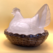 RARE Vtg Enesco Frosted Glass Hen on Ceramic Nest  Lg Trinket Dish 1983 picture