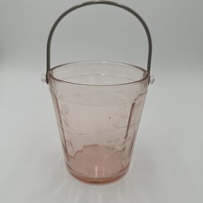Vintage Pink Elegant Depression Glass Ice Bucket Grapes Motif Metal Handle 1930s picture