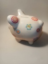 Tiny Ideas Collectible Ceramic Piggy Bank; White with Floral Designs on Body picture