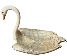 Swan Ring Holder Jewelry Dish Vintage White Enameled Jeweled Dresser Tray picture