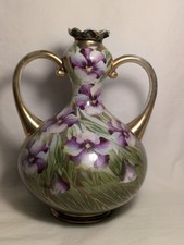 Nippon Floral 2 Handled Vase Purple Green Leaves Grass Gold Affordable picture