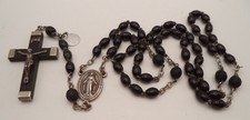 Vintage French Ebony Crucifix Rosary Molded Black Ave Beads Carved Rosettes BVC  picture