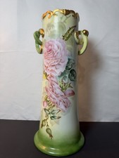 Antique  Hand Painted Vienna Austria Double Pretzel Handled Vase with Pink Roses picture