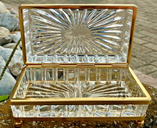 VTG Heavy Crystal Jewelry Casket Rare Footed Metal Base Faceted Sunburst Glass picture