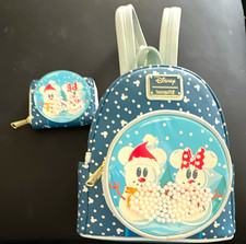 Loungefly Disney Mickey & Minnie Snowman Mini Backpack & Zip Around Wallet Blue picture