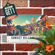 Pastel Hillside Town Poster Colorful Architecture Travel Tin Metal Wall Plaque picture