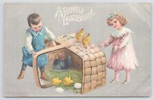 Holiday~Chicks Chicken & Basket Joyous Eastertide~Vintage Postcard picture