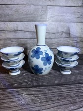 Vintage Signed Japanese Porcelain Sake Set Blue White Floral Tokkuri 6 Cup picture